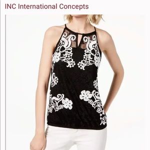 INC Black Lace Halter Tank Top with White Floral Baroque Embroidery